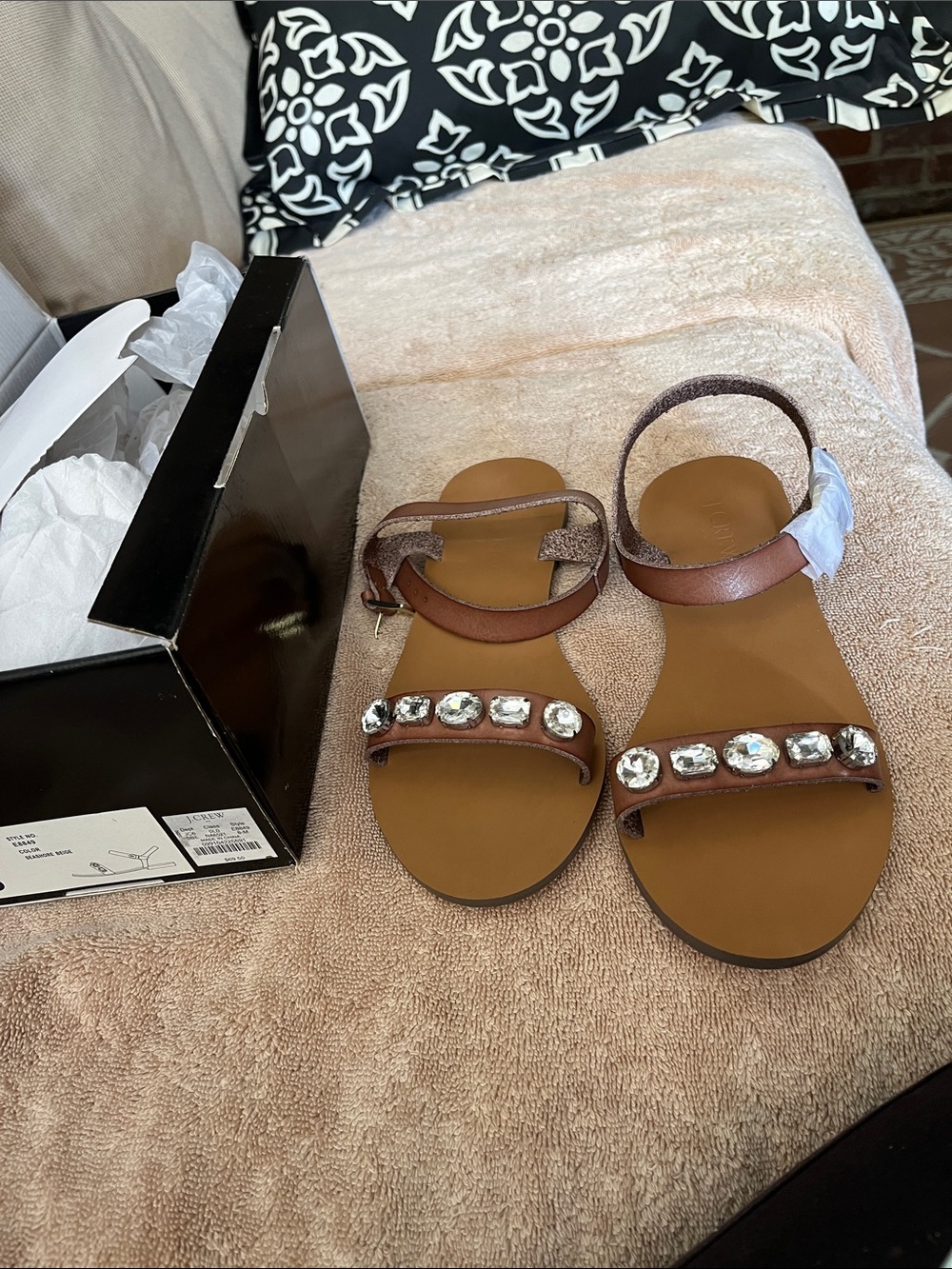 NIB ladies J. Crew Jewel-Embellished Ankle-Strap  Flat Sandals, Sz. 8!